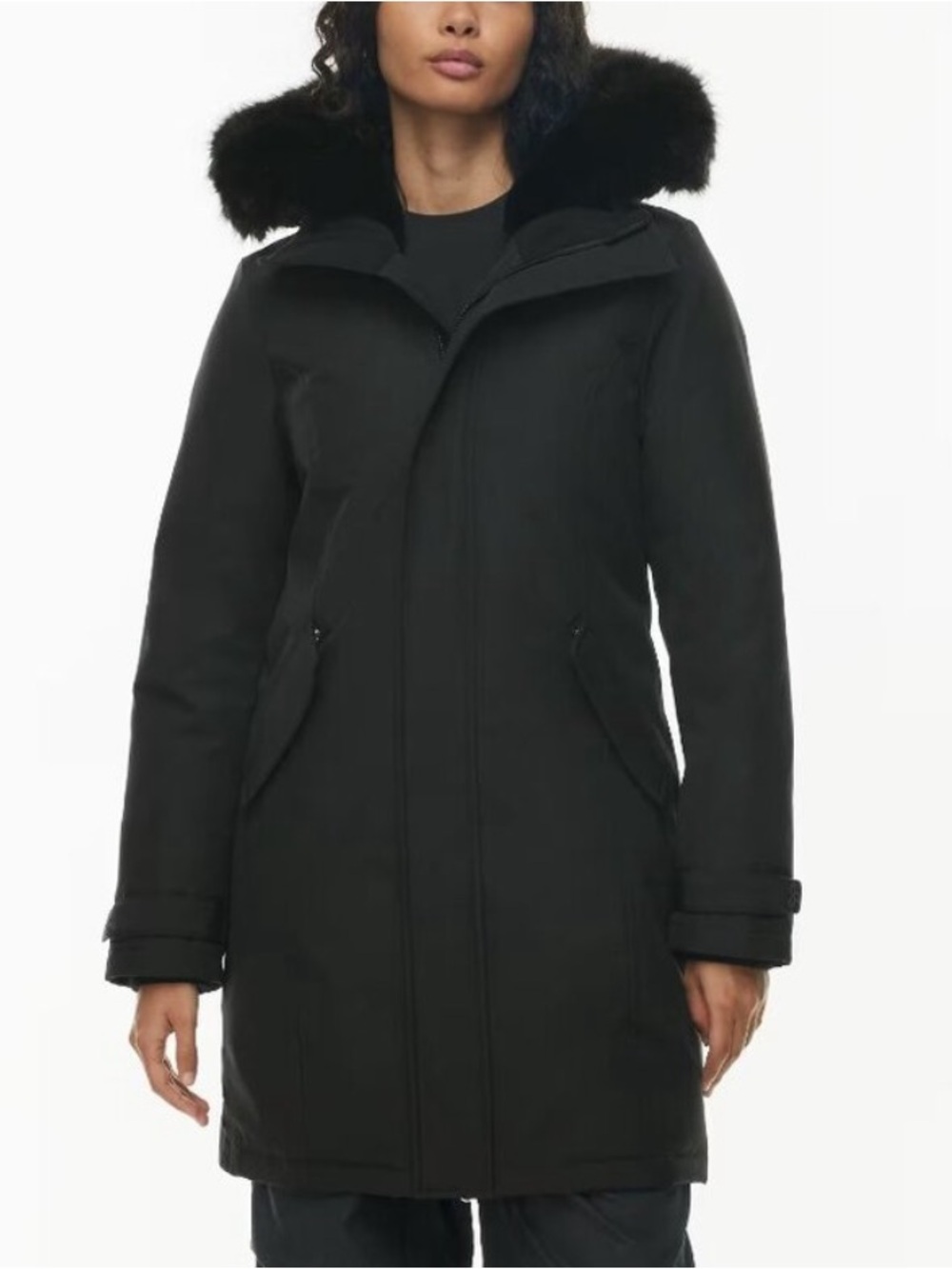 Aritzia Black Long Puffer Coat with Fur-Trim Hood